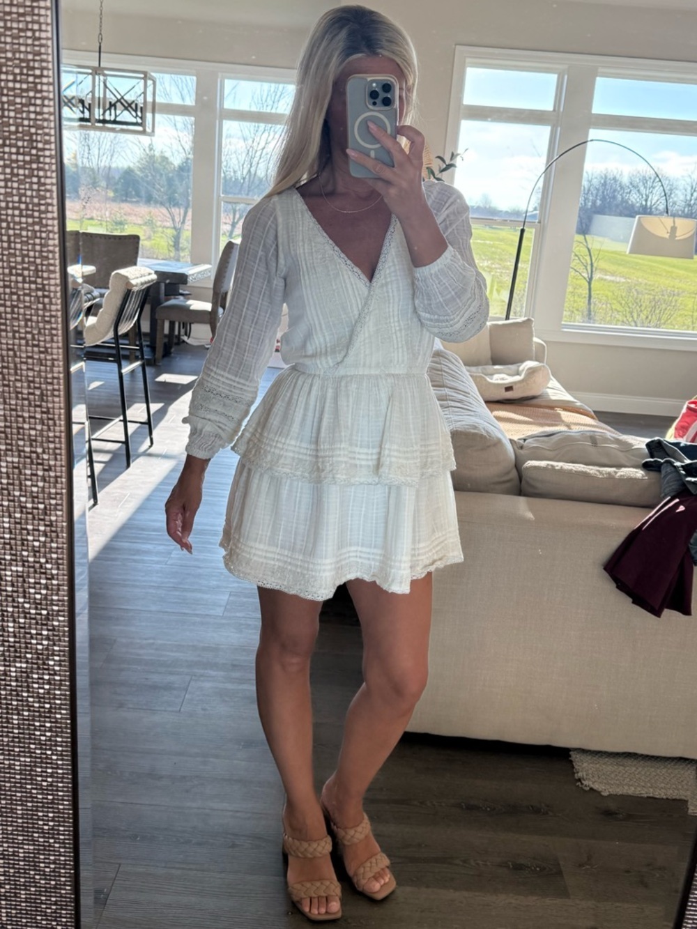 American Eagle Cream Crochet-Trim Gauze Dress